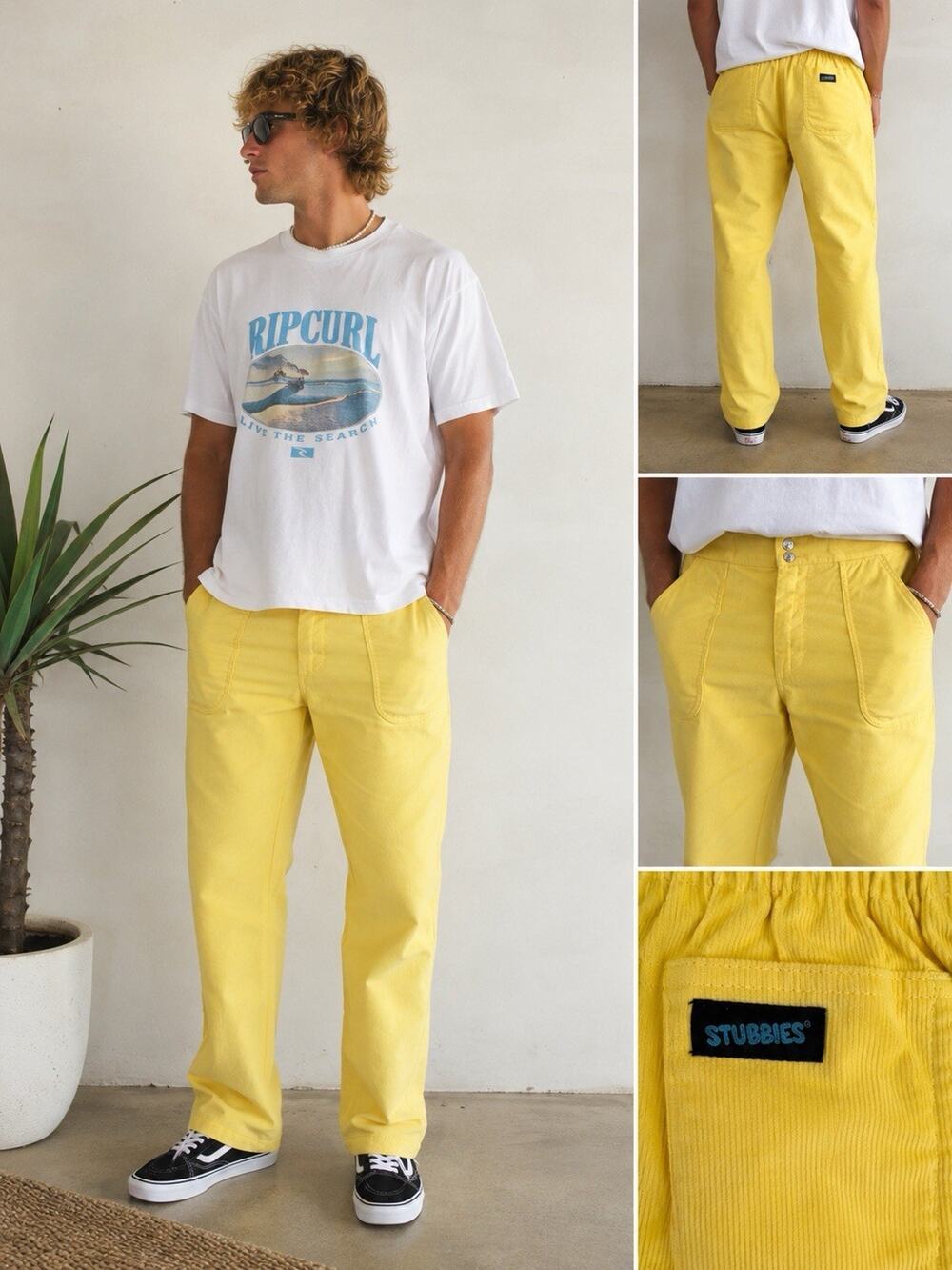 Stubbies Corduroy Pants Mens 33X34 Pastel Yellow Vintage 80s Surf Skate Retro